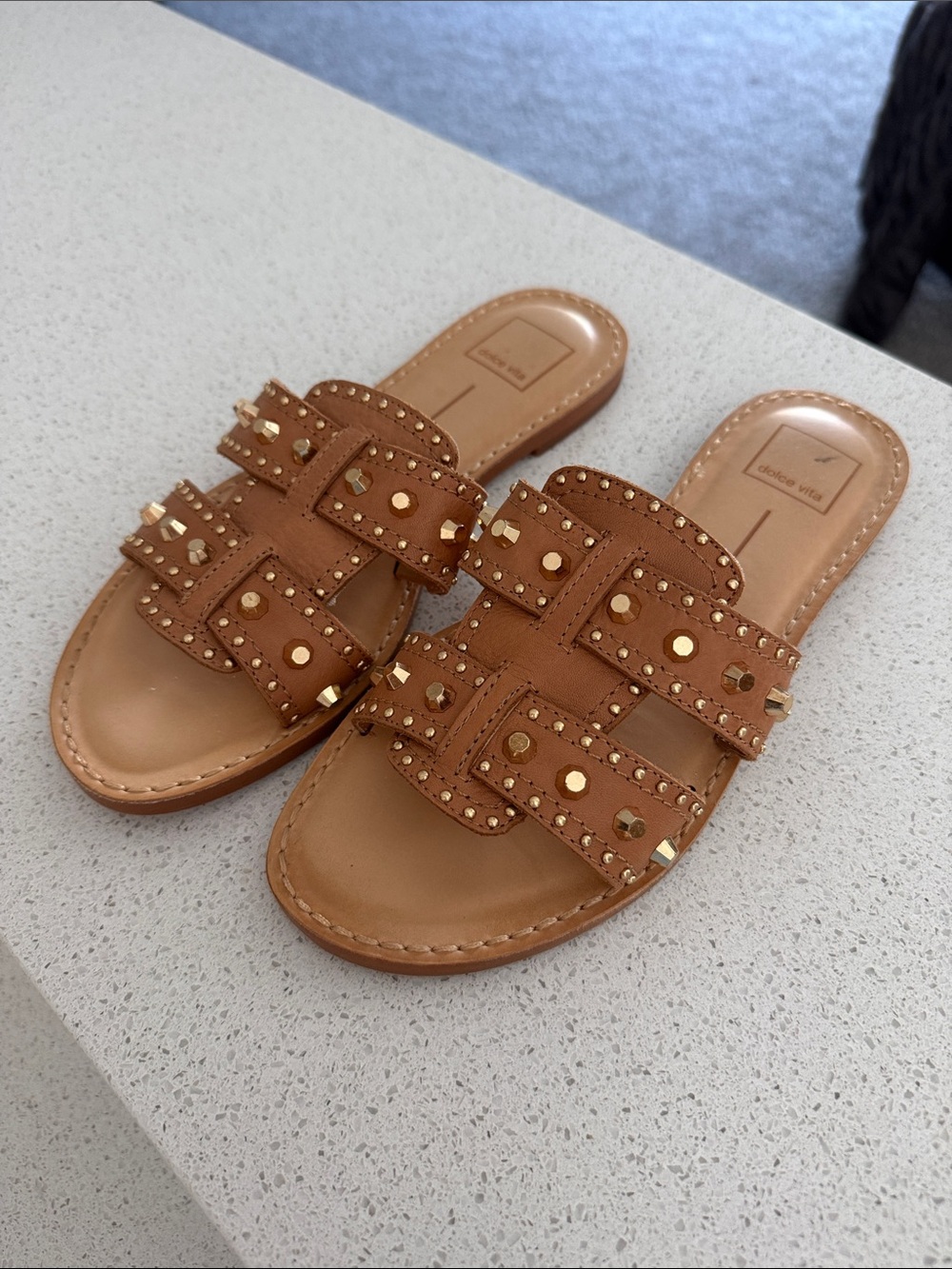 Dolce Vita Gold Studded Tan Leather Slide Sandals - Women Size 8